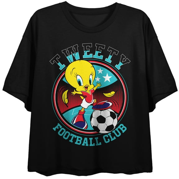 Looney Tunes Tweety Football Club Women's Black Crop Tee-Medium