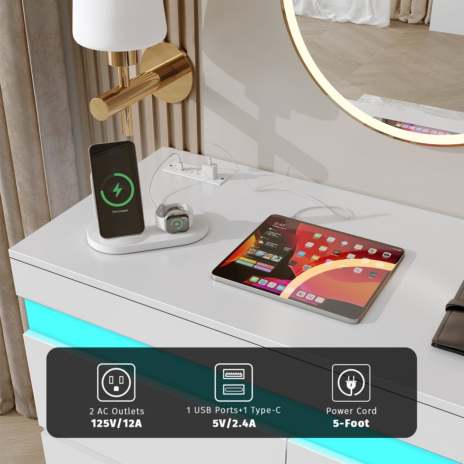 LLappuil 6 Drawer Dresser for Bedroom, Chest of Drawers with LED Light, TV Stand with Drawers White