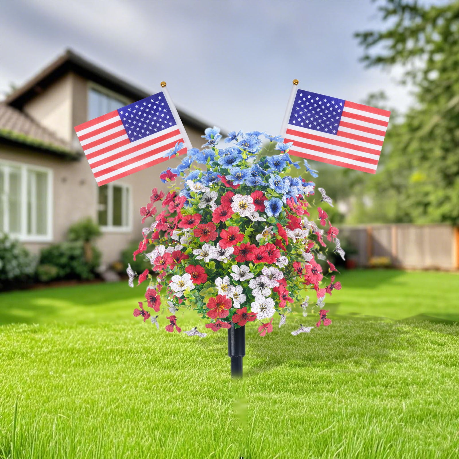 24 Inch Patriotic Flowers Topiary Trees Artificial Red White Blue Outdoor Flowers for Outdoor Planters Artificial Shrubs with Ground Spike Fade Resistant 4th of July Stakes Decor - 2 Pack