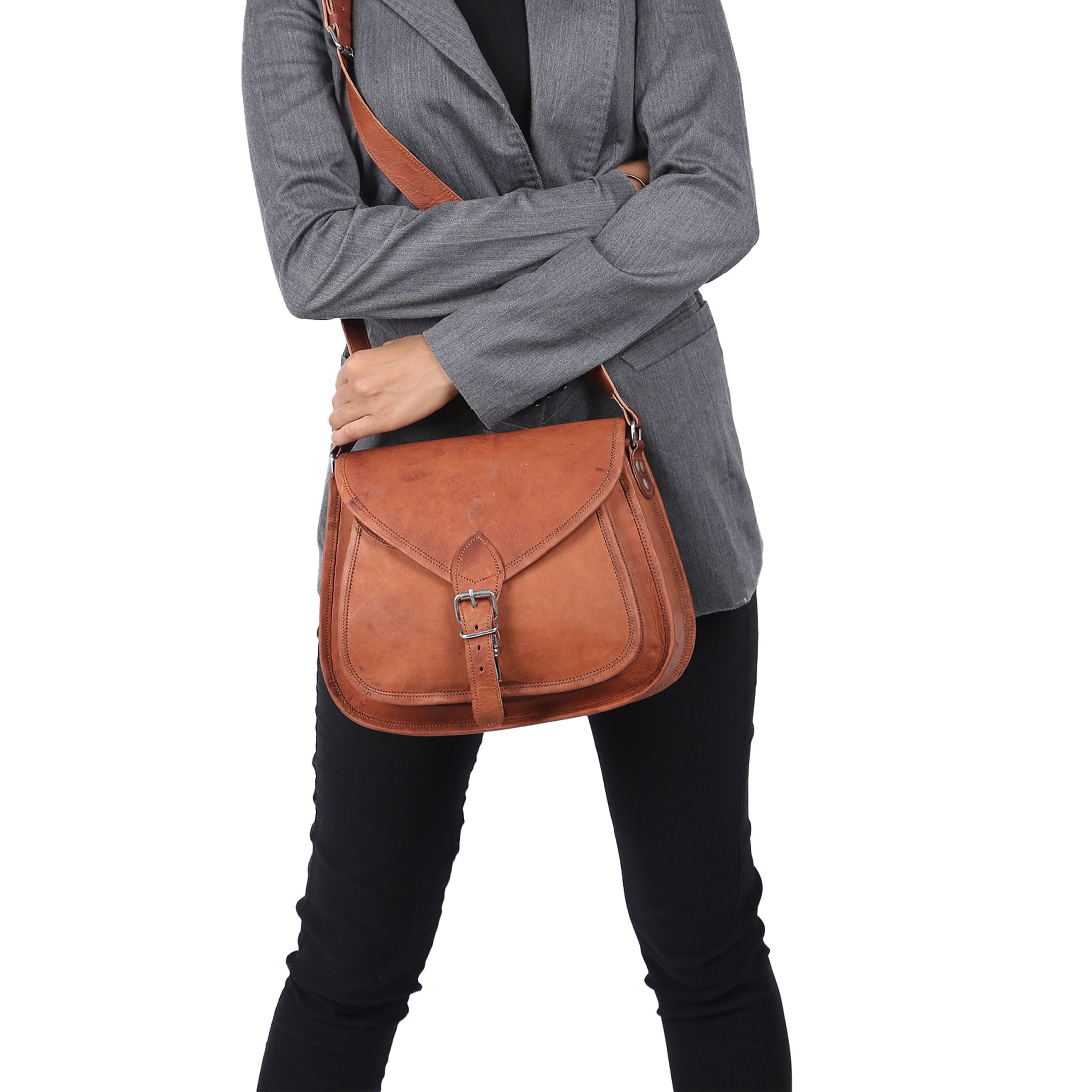 Leather Crossbody 12 Inch Shoulder Bag for Women, Tote Satchel Purse for Travel or Daily Use
