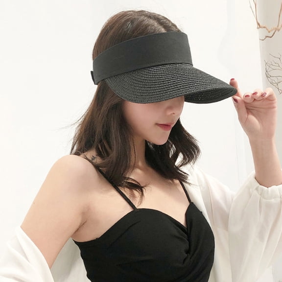 OULII 1Pc Sun Protection Hat Black Straw and Cloth Combination with Adjustable Folding Visor