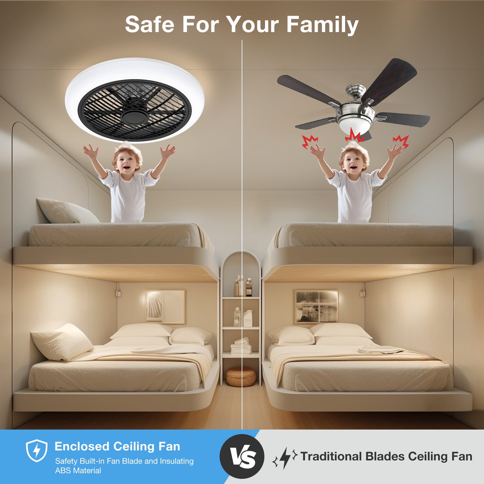 BLITZWILL 18in Ceiling Fan with Light, 6-Speed Reversible, Dimmable LED Timing with Remote & APP Control, Modern Bladeless Flush Mount Ceiling Fan, Black