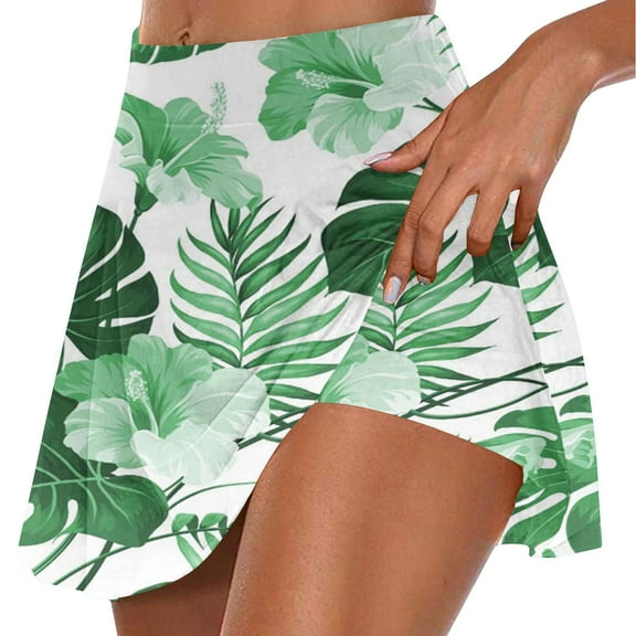 nerohusy Tropical Print Shorts for Women,Womens Tennis Skirt Tummy Control Skorts Skirts High Waisted Built in Shorts Workout Golf Skort with Pockets,Green,XXL