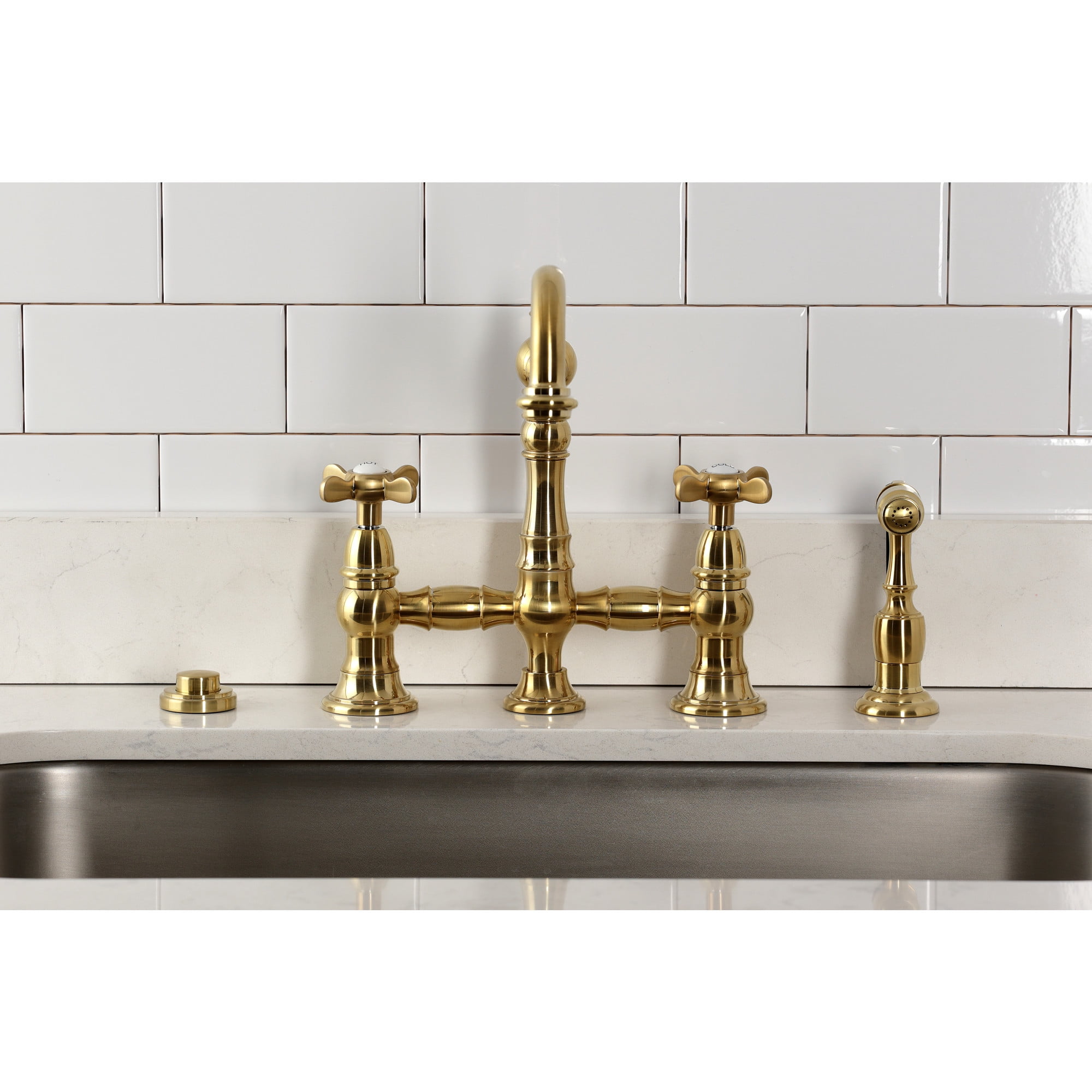 Kingston Brass KS3277BEXBS Essex Two-Handle 4-Hole Deck Mount Bridge Kitchen Faucet with Brass Side Sprayer in Brushed Brass