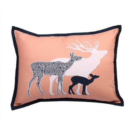 Bacati - Tribal Deer Family Dec Pillow 12 x 16 inches with removable 100% Cotton cover and polyfilled pillow insert, Coral/Navy
