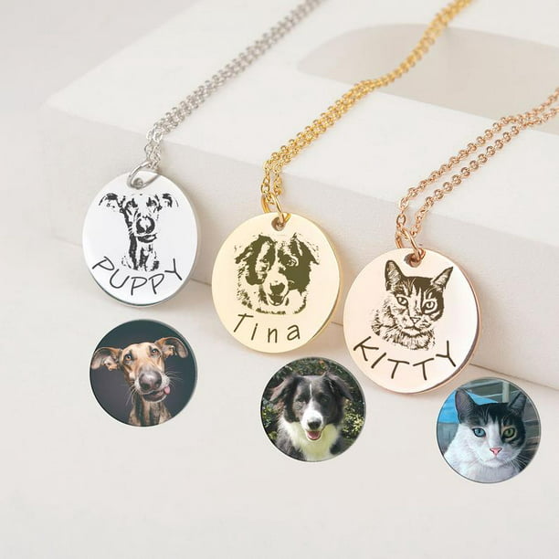 Personalized Dog Portriat Round Necklace - Gold Stainless Steel - Engravable Pet Necklace
