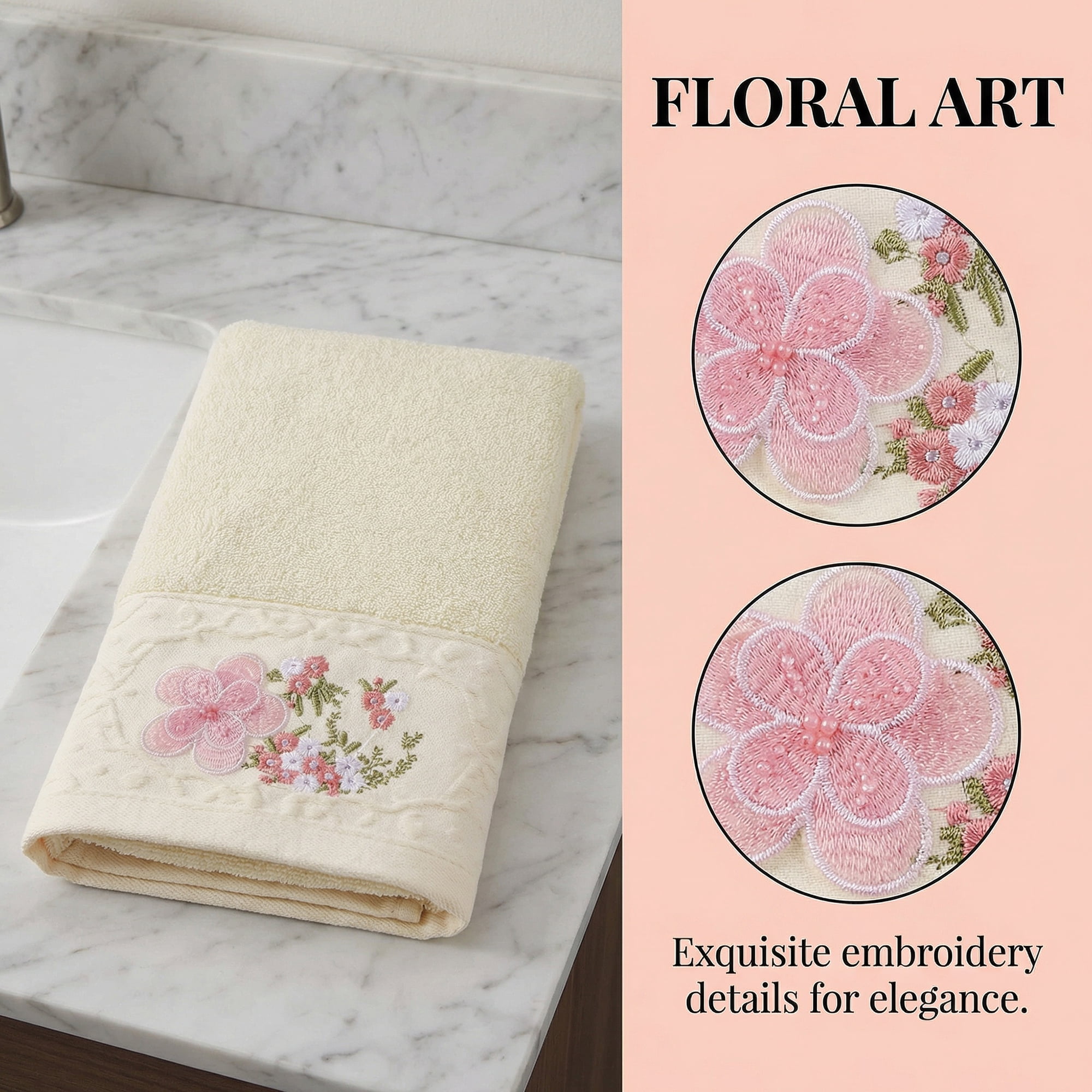 Unique Bargains Floral Embroidered Soft Absorbent Set Hand Towels Milky White 2pk