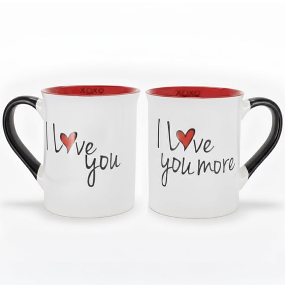 Cottage Creek I Love You & I Love You More Ceramic Couple Mug Set (16oz, White/Red/Black)