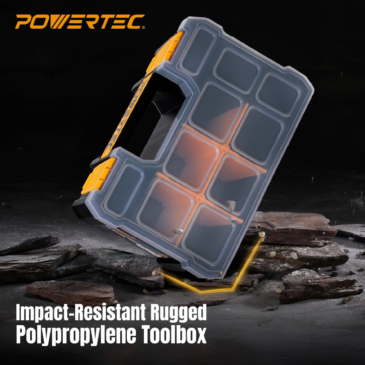 POWERTEC Small Parts Organizer & Tool Box – 10 Compartments, Stackable Storage with Removable Dividers, Clear Lid, Portable Design (72117N)