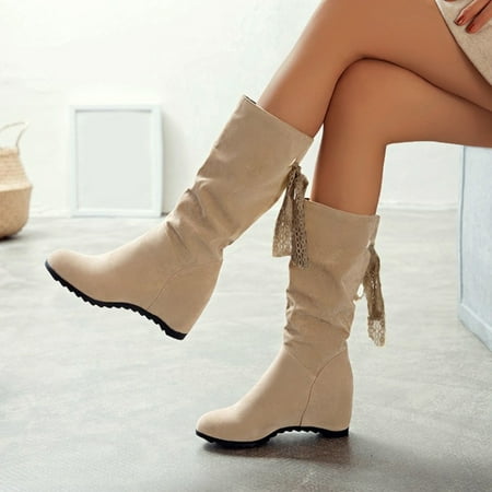 

Yinguo Ladies Solid Color Suede Lace Ribbon Inner Fashion Medium Boots