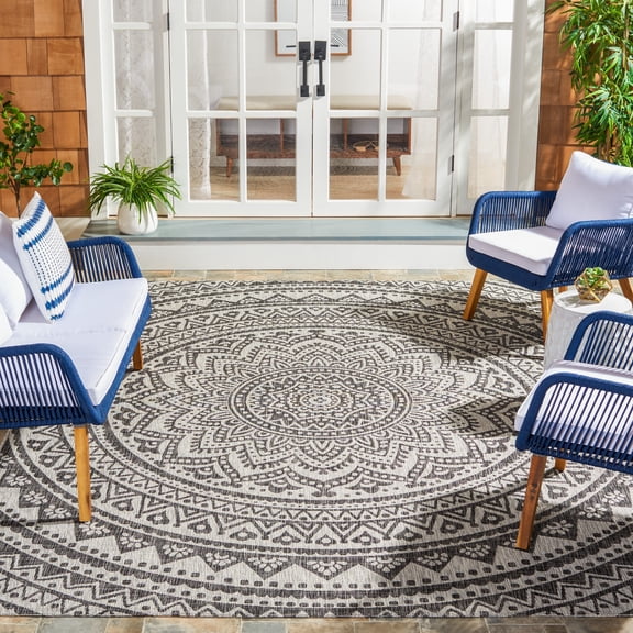 SAFAVIEH Courtyard Josiah Floral Medallion Indoor/Outdoor Area Rug, 8' x 11', Light Grey/Black