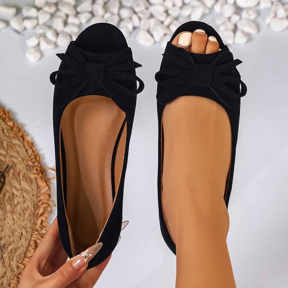 XUNKUSGA Flats for Women Fashion Bowknot Peep Toe Womens Dress Shoes Soft Comfortable Suede Ballet Flats Classic Soild Color Womens Slip On Shoes,Black,5.5