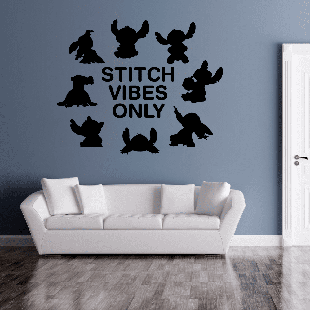 Stitch Vibes Only Quote Cute Stitch Silhouette Lilo And Stitch Diensey Movie Silhouette Disney Wall Sticker Vinyl Decal Home Decor Room Living Room Bedroom Decoration Sticker Decal Size (18x20 inch)