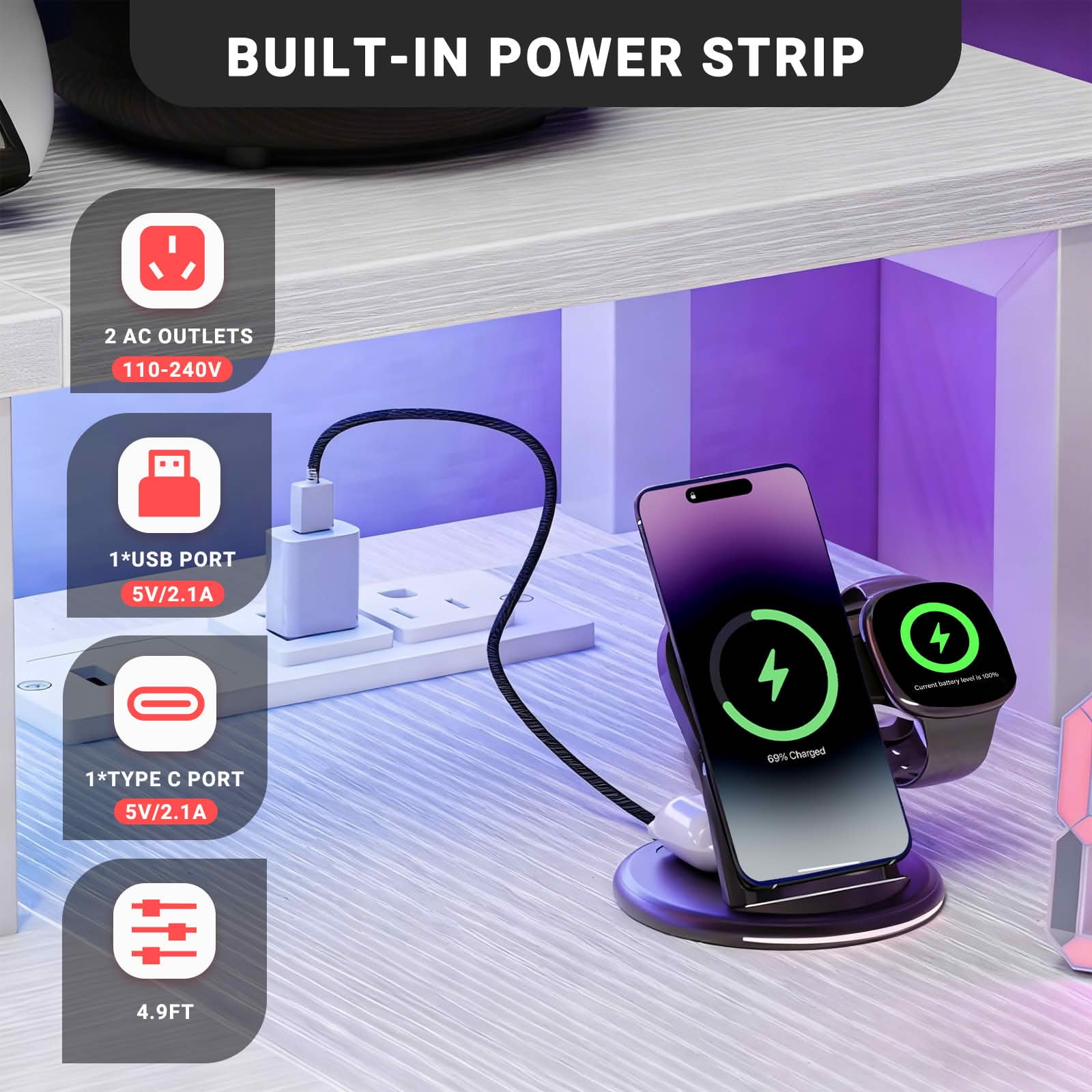 MAYEERTY 53 Inch L-shaped Gaming Table, USB Charging Port & LED Light, Reversible Desk with Power Socket & Monitor Stand