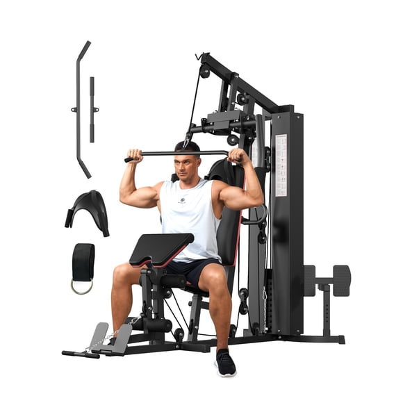 Multifunctional Home Gym Equipment, Home Gym Station with Pulley System, 150LBS Weight Stack Exercise Machine for Full Body Strength Training