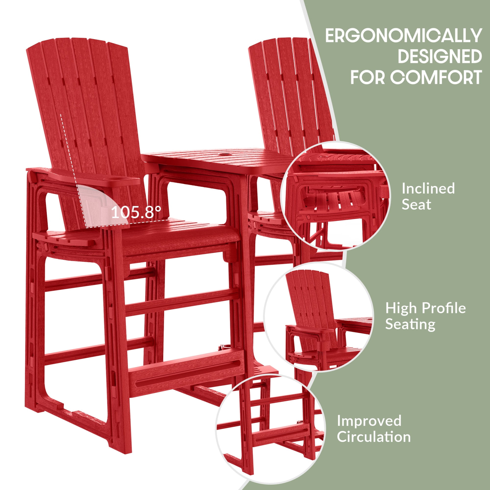 WestinTrends Azura Outdoor Tall Adirondack Chairs With Connecting Table Tray (Set of 2), Red