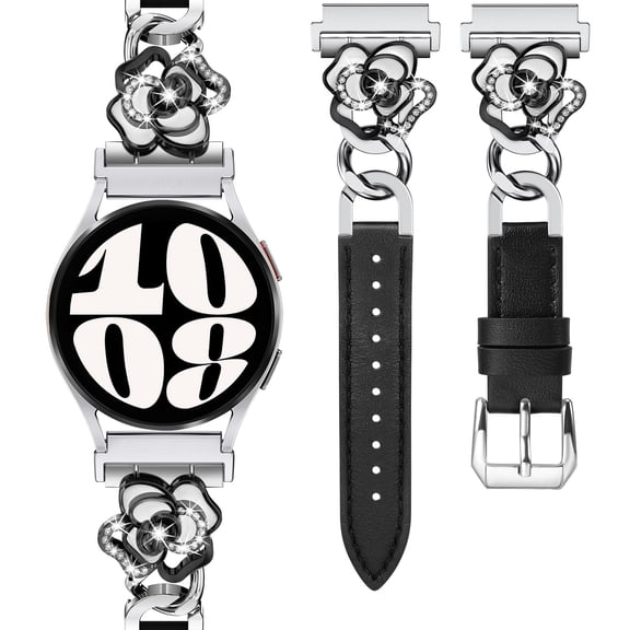 Wearlizer Leather Band Compatible with Samsung Galaxy Watch 7/6/5/4/FE/Active 2 40mm 44mm, Watch 6 Classic 43/47mm, Watch 5 Pro 45mm, Dressy Metal Chain Strap Women with Camellia Charm