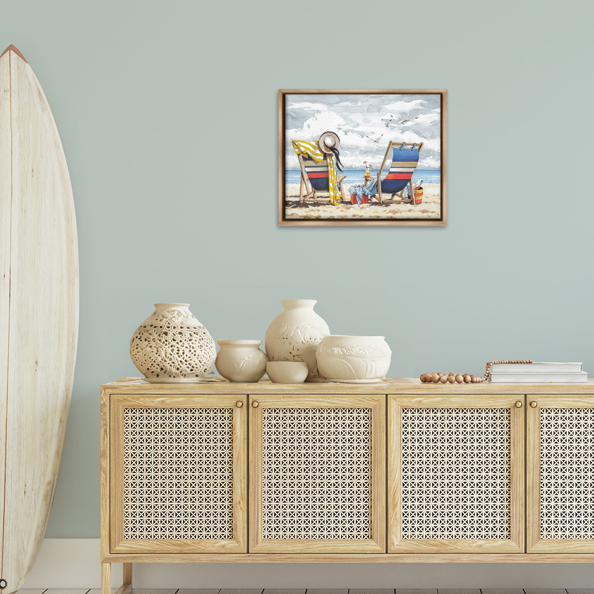 Stupell Industries Peaceful Beach Chairs Hangout Landscape & Nature Painting Brown Floater Framed Canvas Art Print Wall Art, 21 x 17