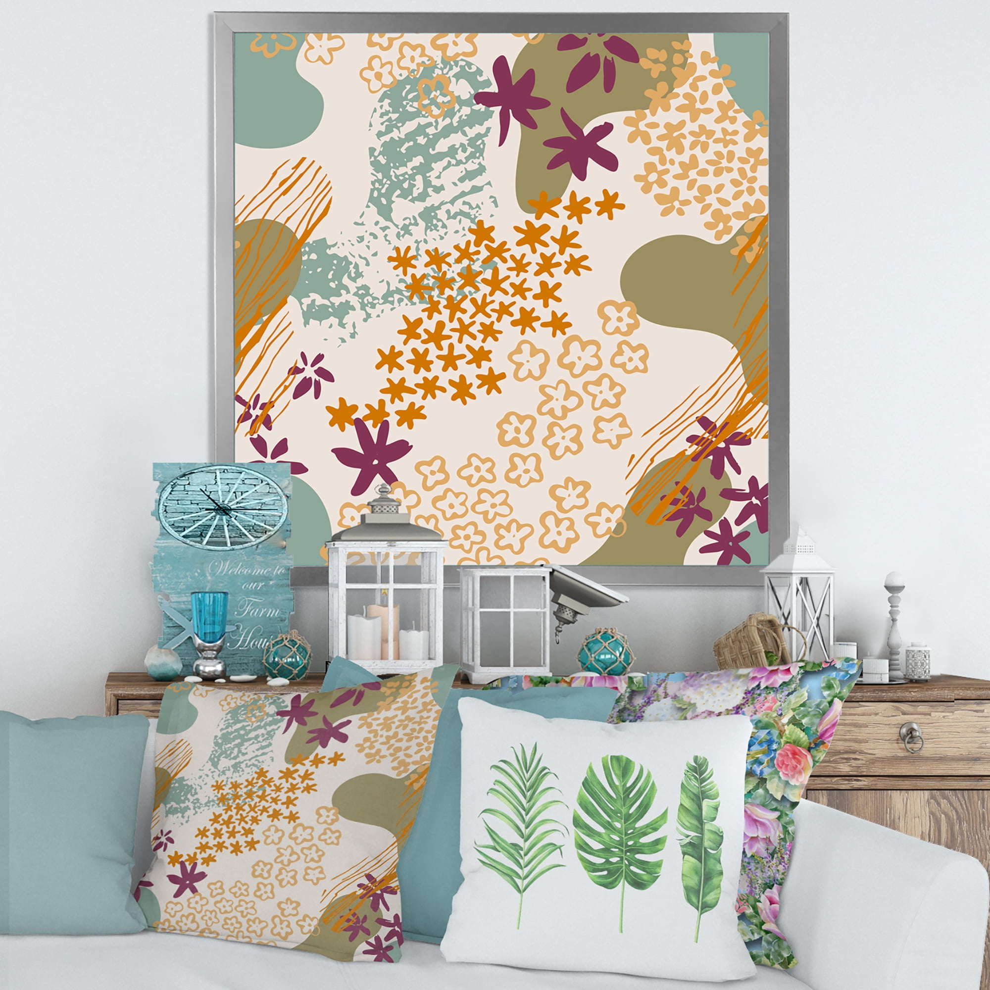 Designart 'Fluid Shapes and Flowers Silhouettes' Modern Framed Art Print