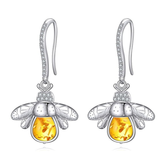 Bee Earrings Sterling Silver Honeybee Dangle Drop Earrings Amber Bee Jewelry Gifts for Women