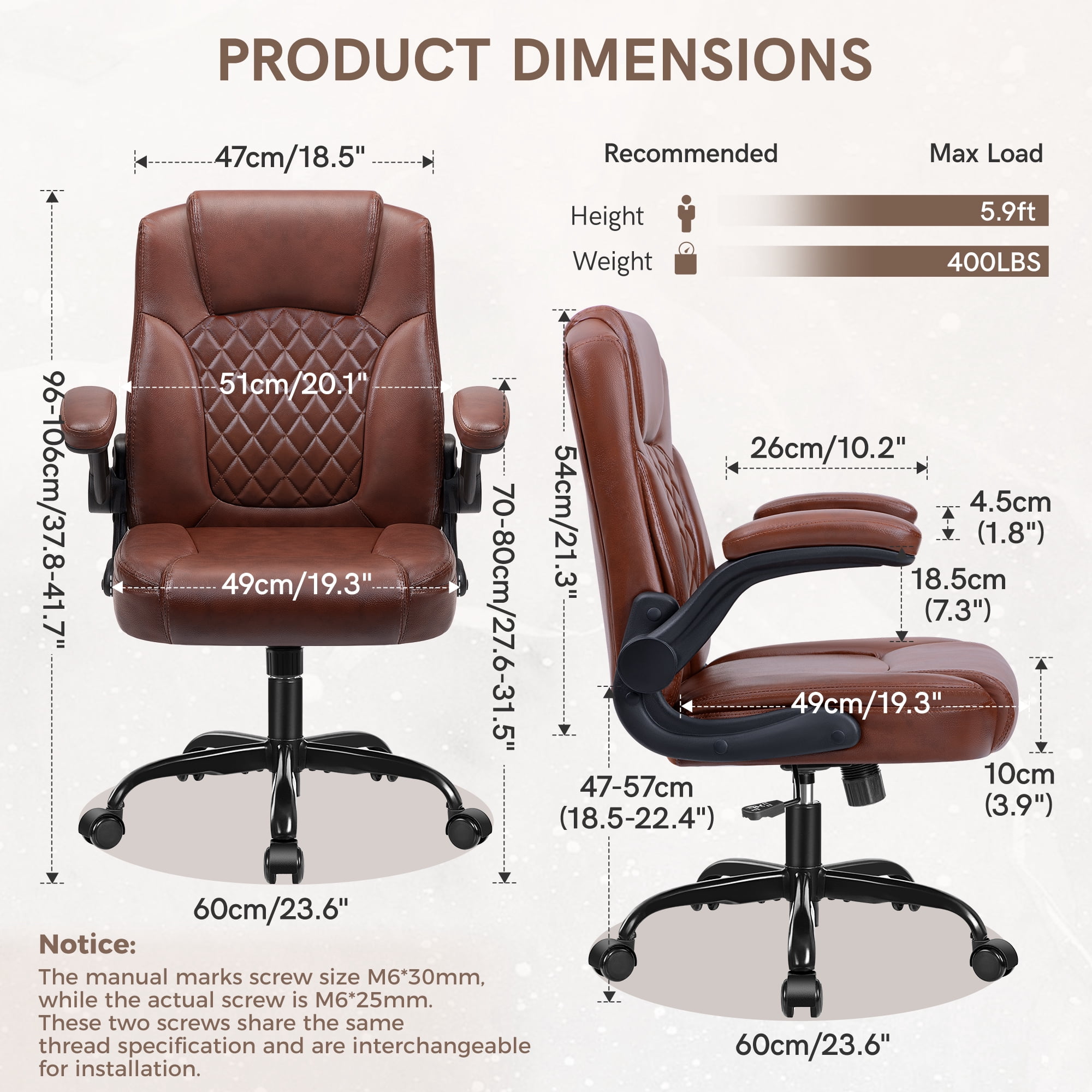 COOLHUT Leather Office Chair, Big and Tall Office Chair 400LBS Wide Seat Ergonomic Computer Desk Chair High Back Executive Leather Chair Adjustable Task Chair Lumbar Back, Dark Brown