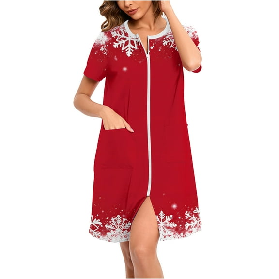 Women's Christmas Pajamas Dress Short Sleeve Crewneck Printed Home Pjs Skirt with Pockets Multicolor S