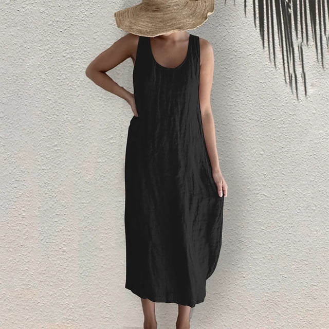Mefallenssiah Femmes Sans Manches Col Rond Robe Femmes Été Décontractée Col Rond Plage Sans Manches Robe