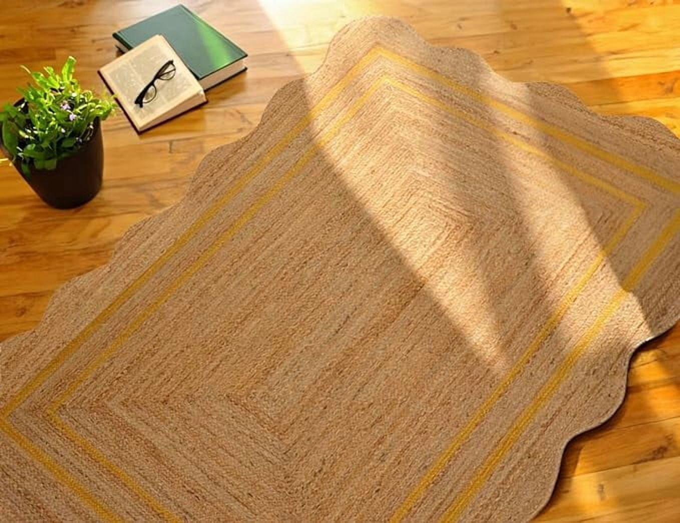 2x3 Ft Yellow Border Jute Premium Scalloped Jute Rug – Handcrafted Natural Braided Carpet for Living Room, Bedroom, Entryway – Boho Home Decor