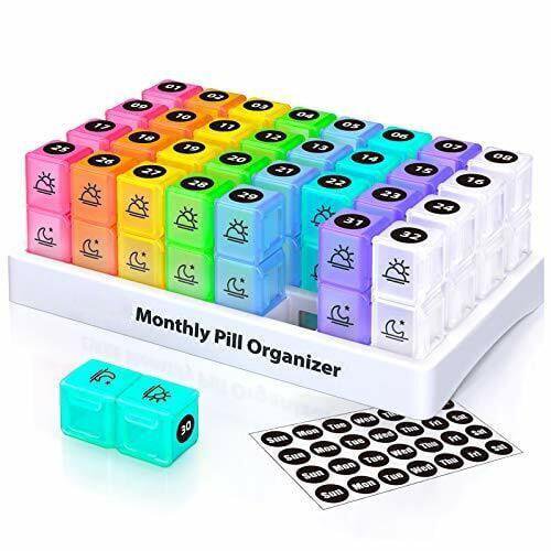 Monthly Pill Organizer - 32 Compartment Pill Organizer for Daily Dispensing of Pills Twice A Day, Morning and Evening
