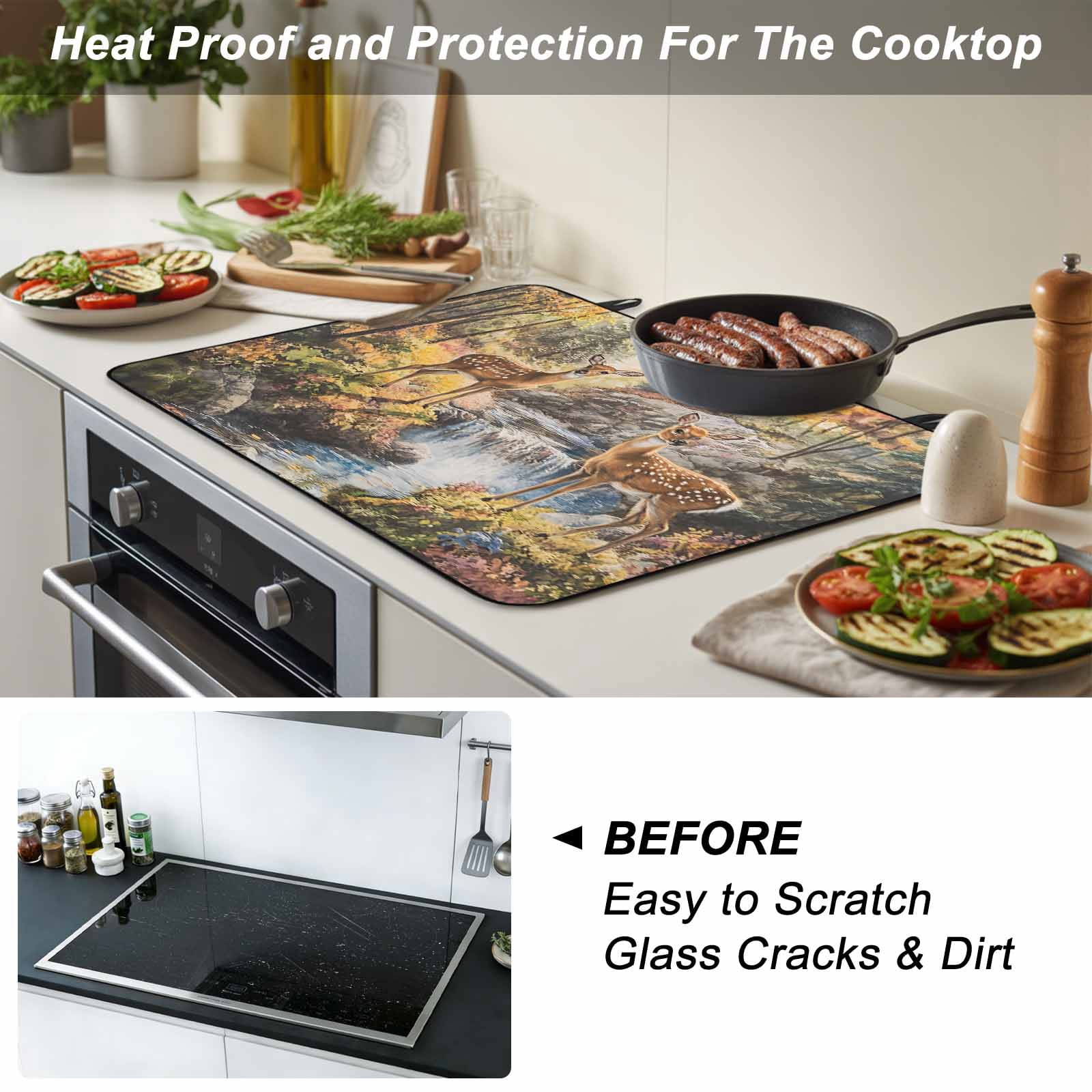Autumn Forest Deer Stove Top Cover for Electric Stove, Heat-proof & Non Slip Glass Top Stove Cover Protector, Elk River Mountain Kitchen Flat Cooktop Rubber Mat 24x21 Inches