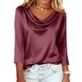 thumbnail image 4 of Dressy Tops for Women 3/4 Sleeve Silk Satin Blouses Business Work T Shirts Loose Fit Solid Color Cowl Neck Spring Summer Outfits 2026 Wine XL, 4 of 7