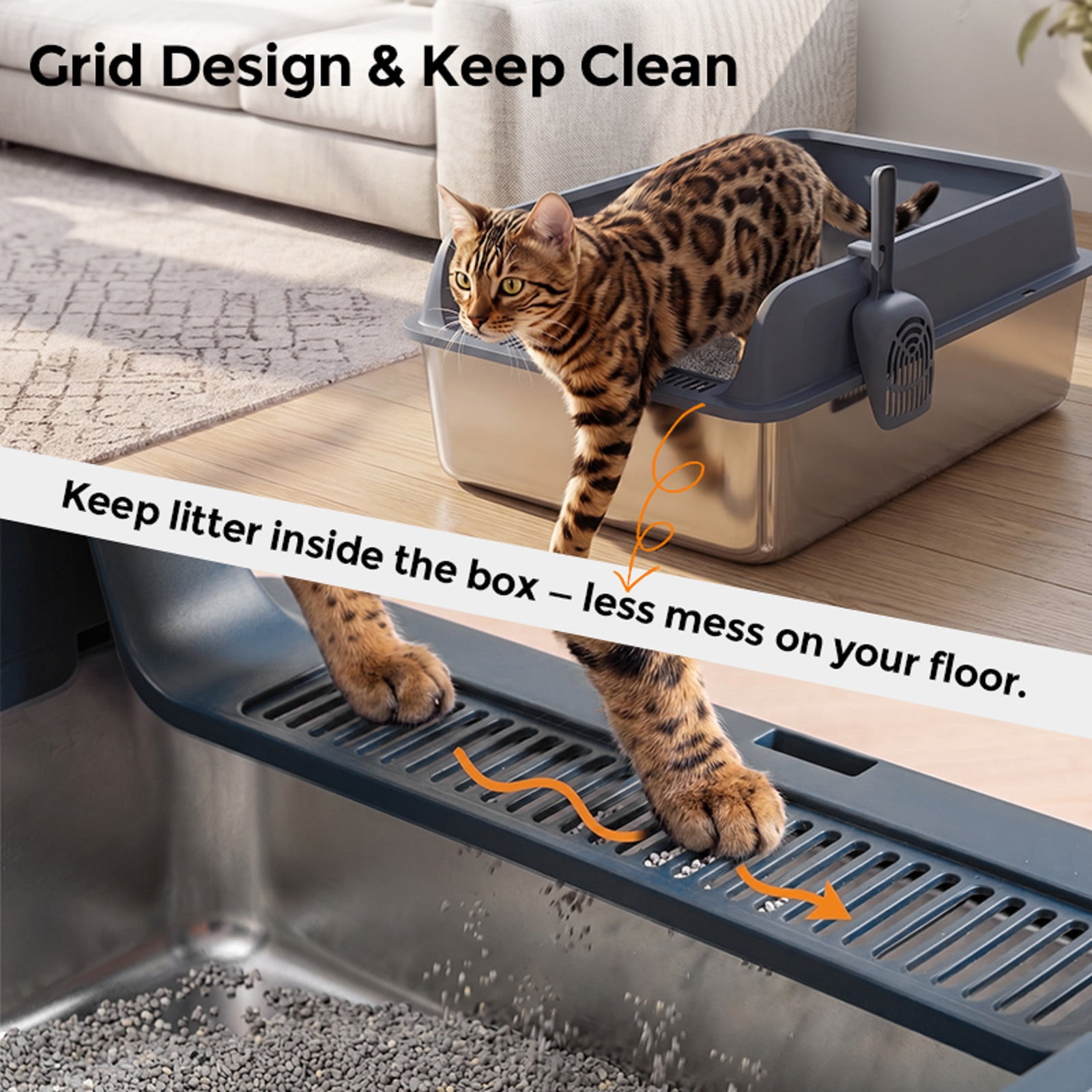 Stainless Steel Litter Box, High Sided Cat Litter Box, Metal Litter Pan with Lid, Extra Large Litter Box with Scoop, Dark Gray