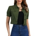 thumbnail image 1 of CHAQUETA DE JEAN DENIM CROP CON MANGAS PUFF Y BOTONES PARA MUJERES INSPIRADA EN CHIC COLOR VERDE MILITAR, 1 of 5