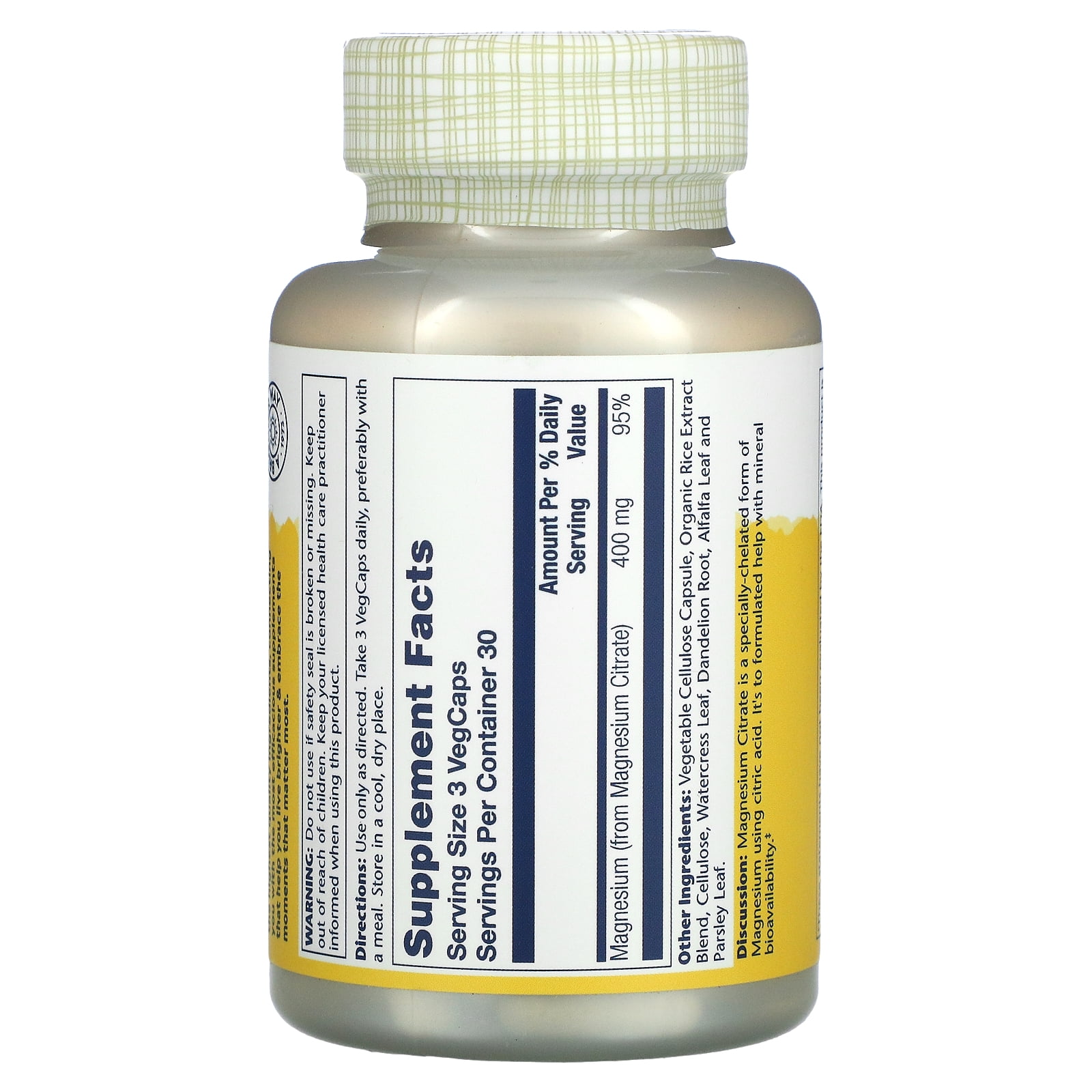 SOLARAY Magnesium Citrate 400mg - Magnesium Supplement - Bone Health, Muscle, Relaxation and Heart Health Support - Enhanced Absorption, Vegan, Gluten Free, 60-Day Guarantee, 30 Servings, 90 VegCaps