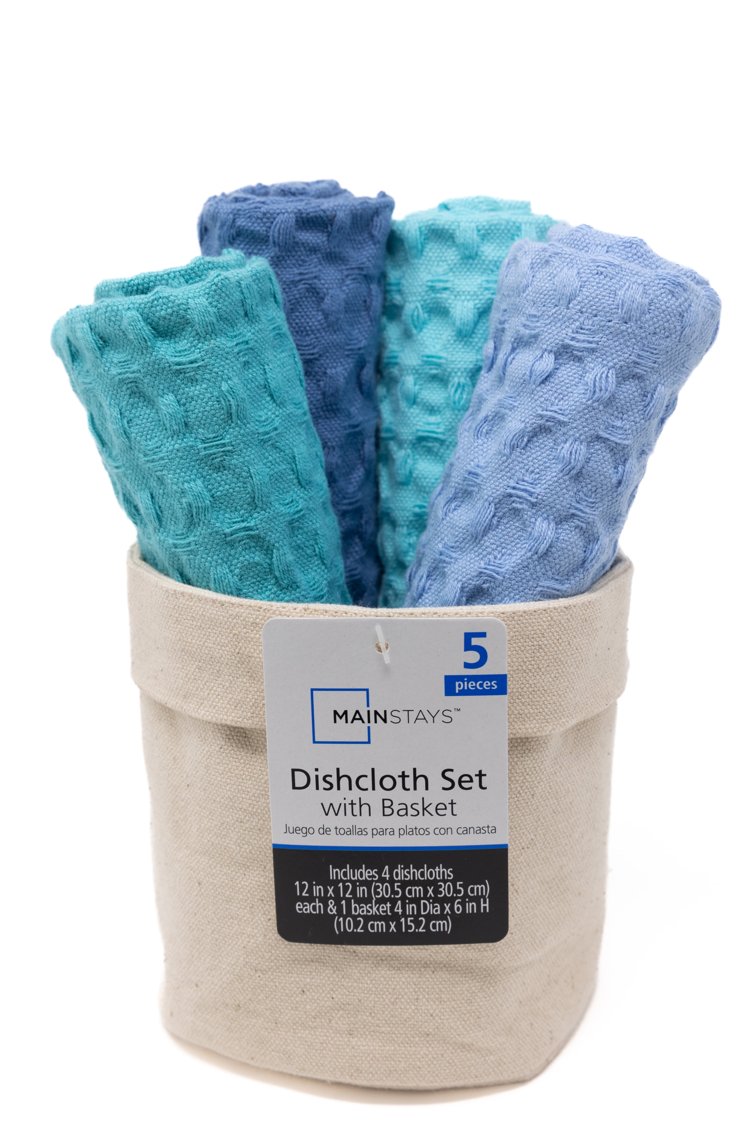 Mainstays Waffle Dishcloths, 1 Canvas Basket and 4 Dishcloths, Blue