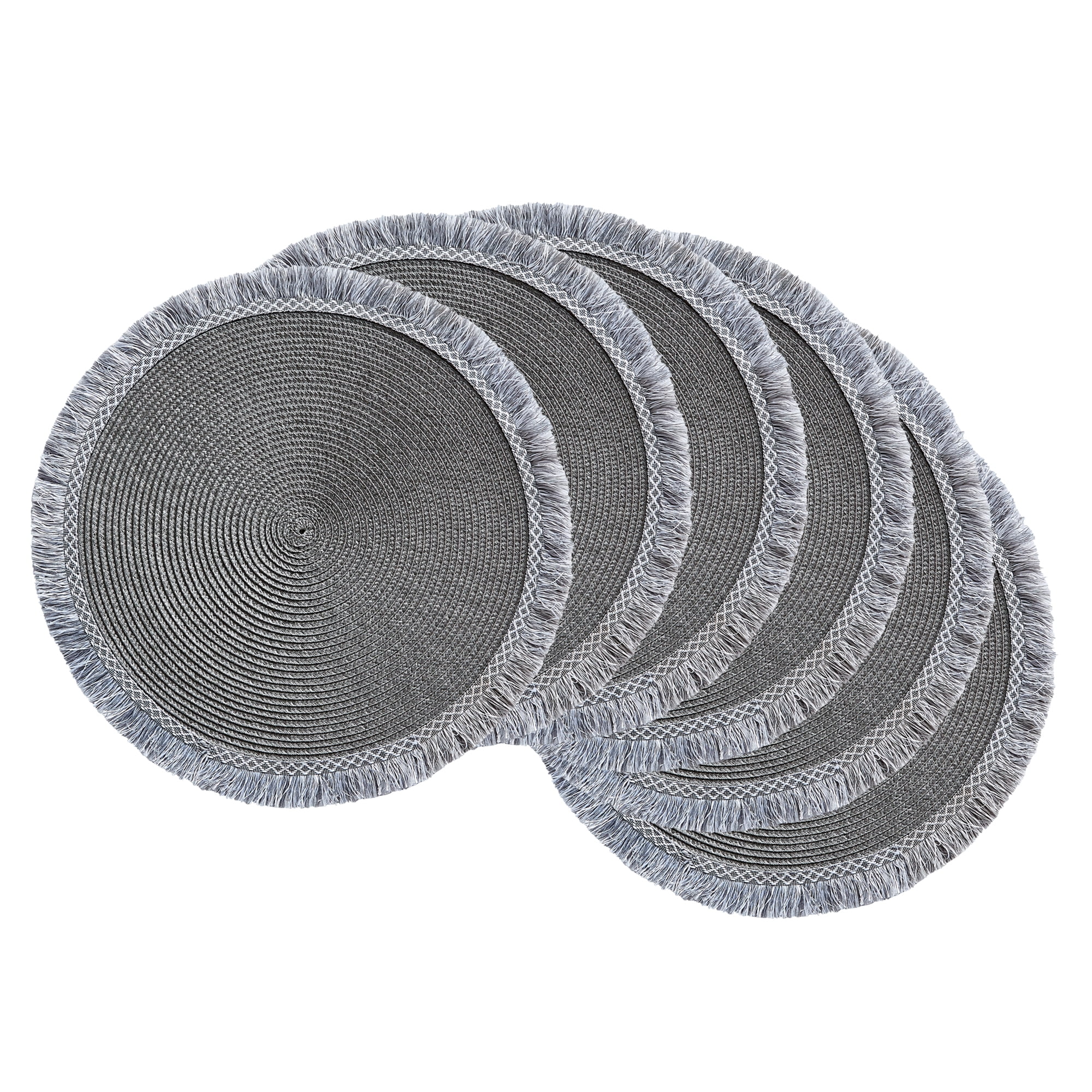 DII Gray Round Fringed Placemat Set/6