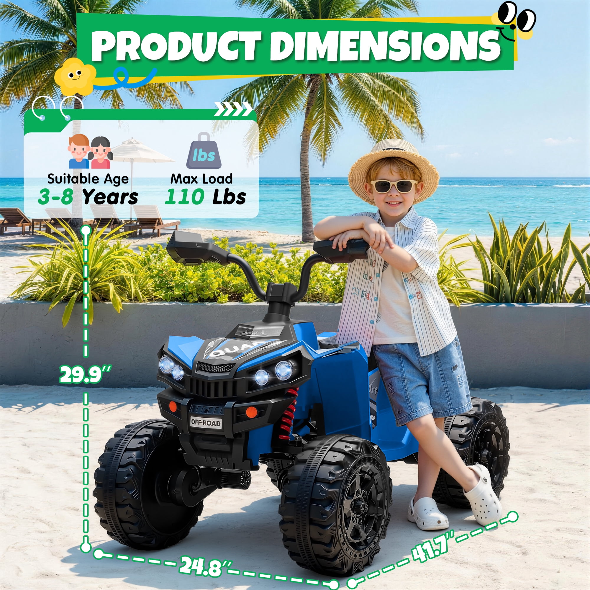 24V Kids Ride On ATV for Ages 3-8, 4WD Electric Quad with 4 Motors, Bluetooth Music, LED Lights, Spring Suspension, 3-5 km/h, 110 lbs Capacity, Battery Powered Toy for Boys Girls, Blue