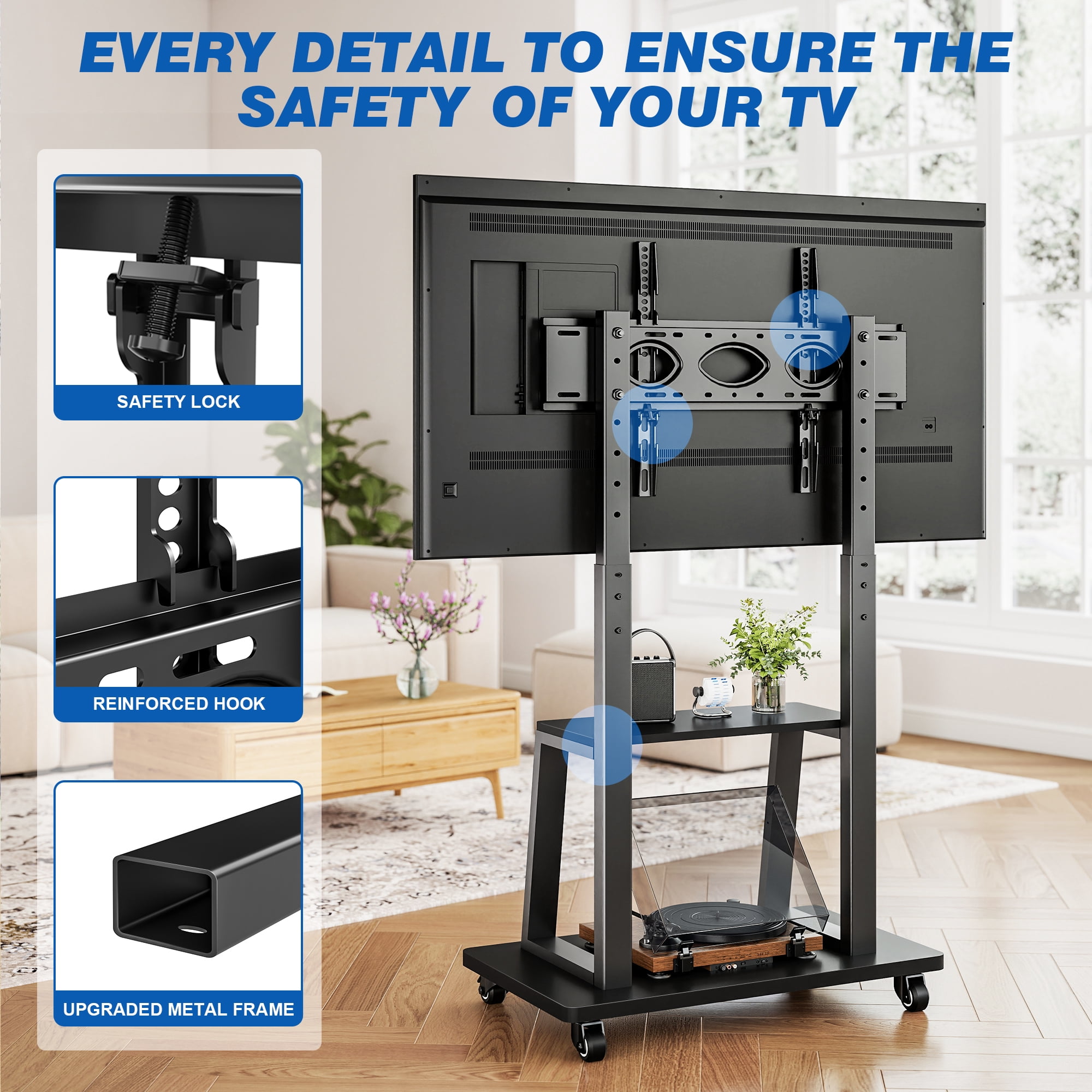 RTVR Rolling TV Stand with Wheels for 37-75 inch Screens, Portable Mobile TV Cart Height Adjustable Mount with Storage Shelves, Max 150 lbs, Black
