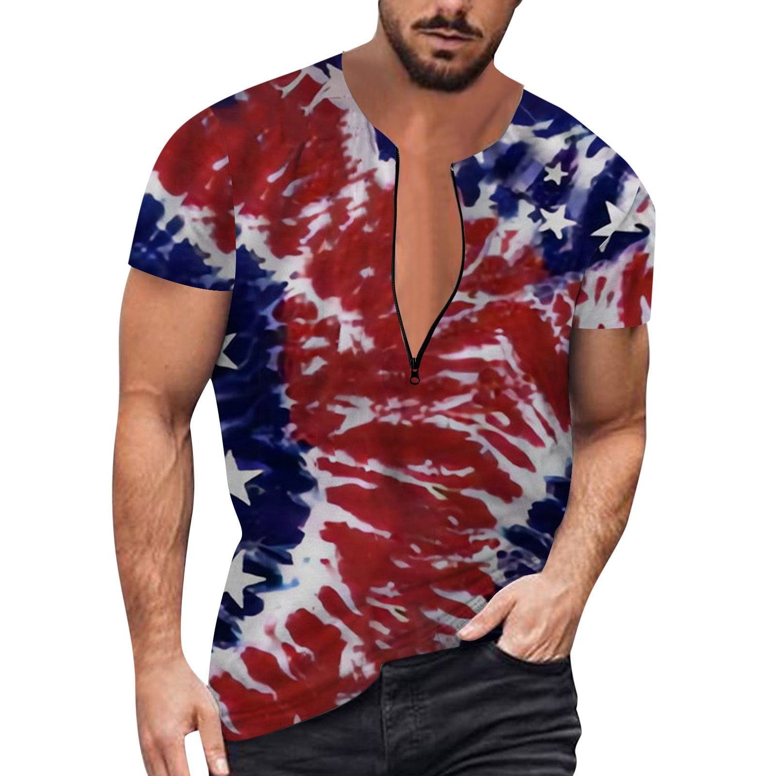 American Flag T Shirts for Men Digital 3D Printing Zipper Short Sleeve