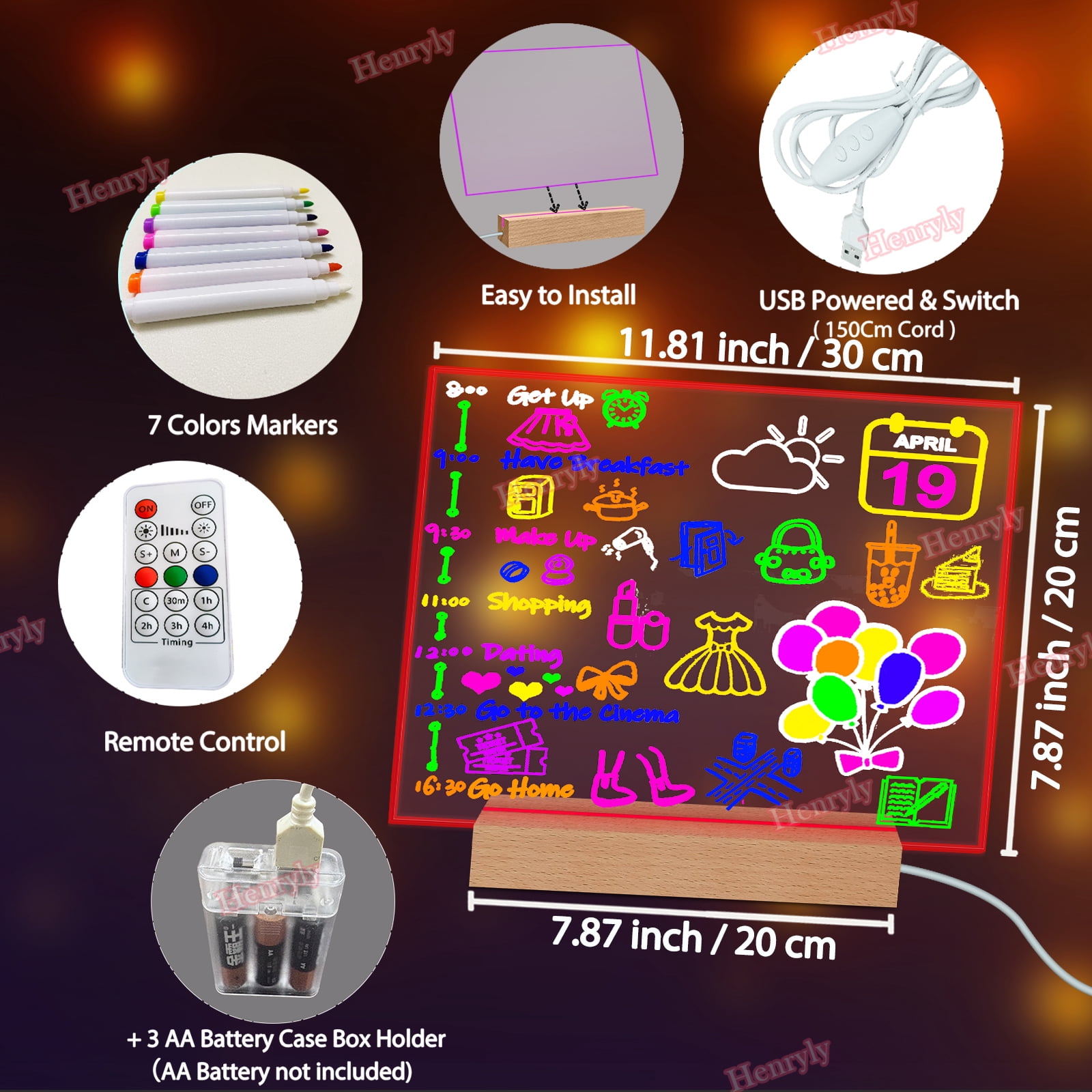 7 Colors Remote Control Acrylic Dry Erase Board with Light Up Wooden Stand for Desk 11.81 x 7.87” Clear Desktop Note Memo White Board Notepad Table LED Letter Massage Boards for Personal Creative Use