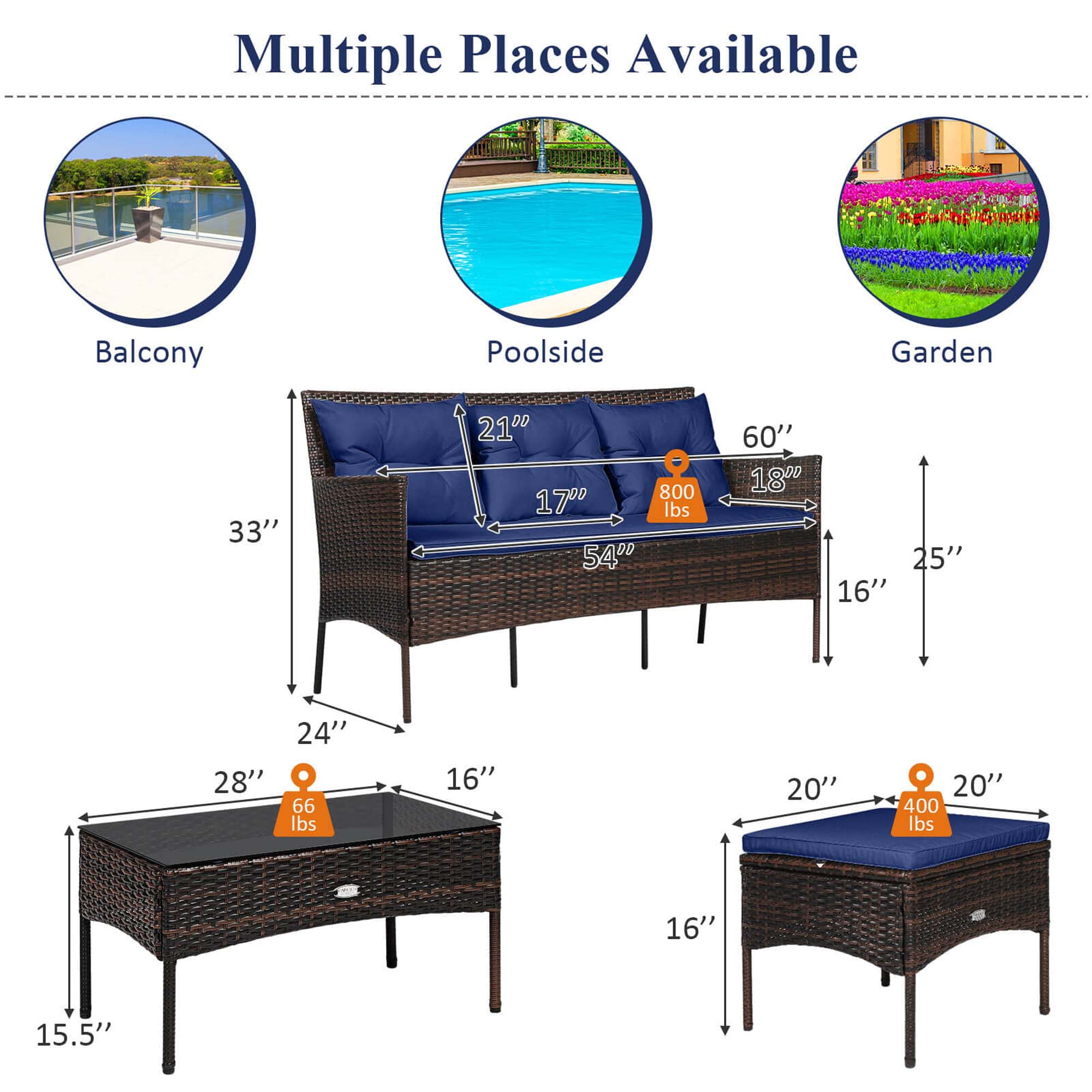 Costway 3PCS Patio Rattan Furniture Set 3-Seat Sofa Cushioned Table Garden Navy