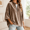 thumbnail image 2 of GZMOALH Women's Velvet Quarter Zip Top, Mock Neck 3/4 Sleeve Loose Fit Casual Pullover Sweatshirt, 2 of 5
