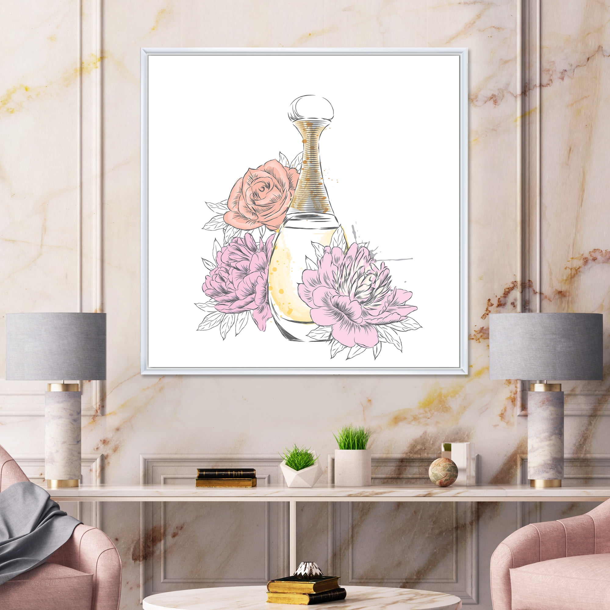 Designart 'Bouquet of Flowers and Perfume Bottle I' Traditional Framed Canvas Wall Art Print