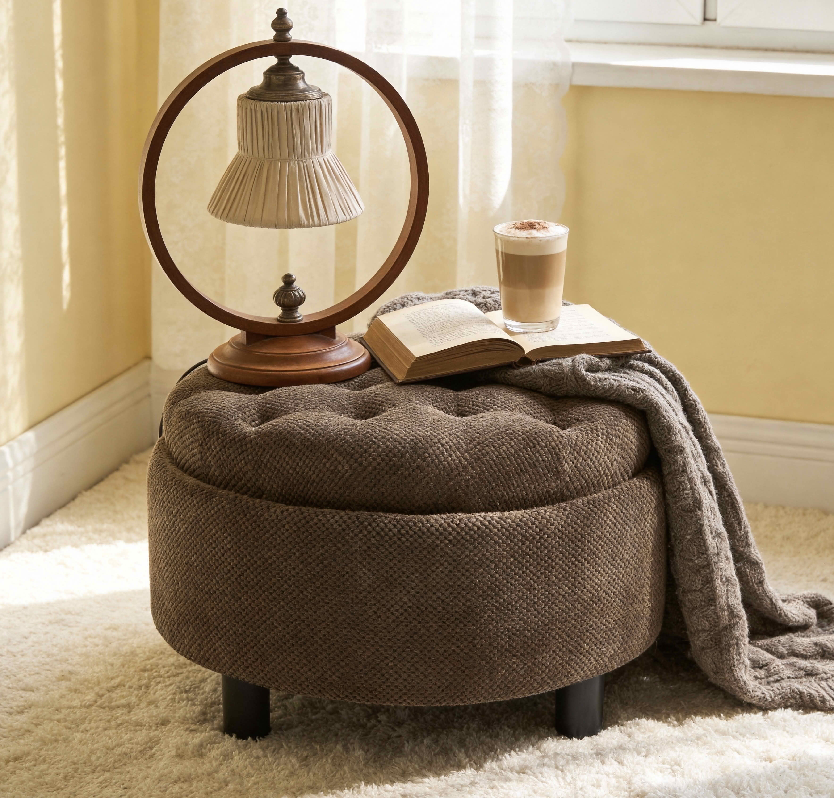 MAYEERTY 25 In Round Storage Ottoman with Tray, Tufted Fabric, Coffee Table Ottoman, Coffee
