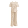 thumbnail image 5 of Karymi Shirts for Women Chiffon Spliced 2 Piece Dressy Outfit Set, Crew Neck Flutter Short Sleeve Cross Ruffle Layered Top, High Waist Straight Wide Leg Pants Blouses for Women, 5 of 6