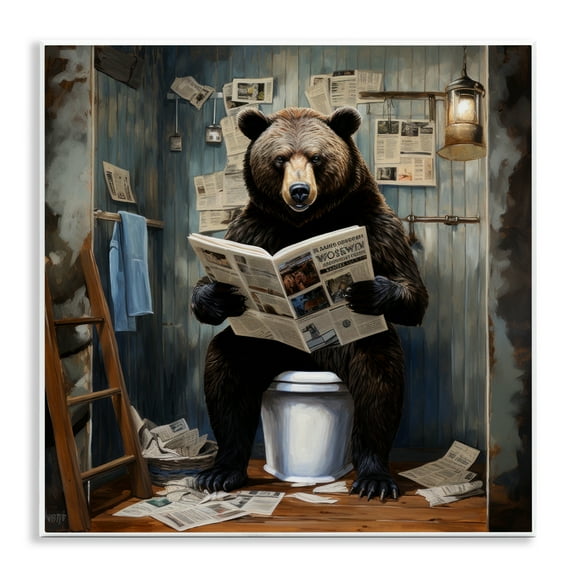 Bear with Newspaper Bathroom Wall Plaque Art, 12 x 12, Made In USA
