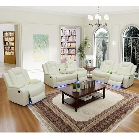 AYCP Multifunction Power Air Leather Recliner Sofa Set with LED Lights, Living Room Furniture, Reclining Sofa, loveseat, Chair with USB Port/Storage Ivory White