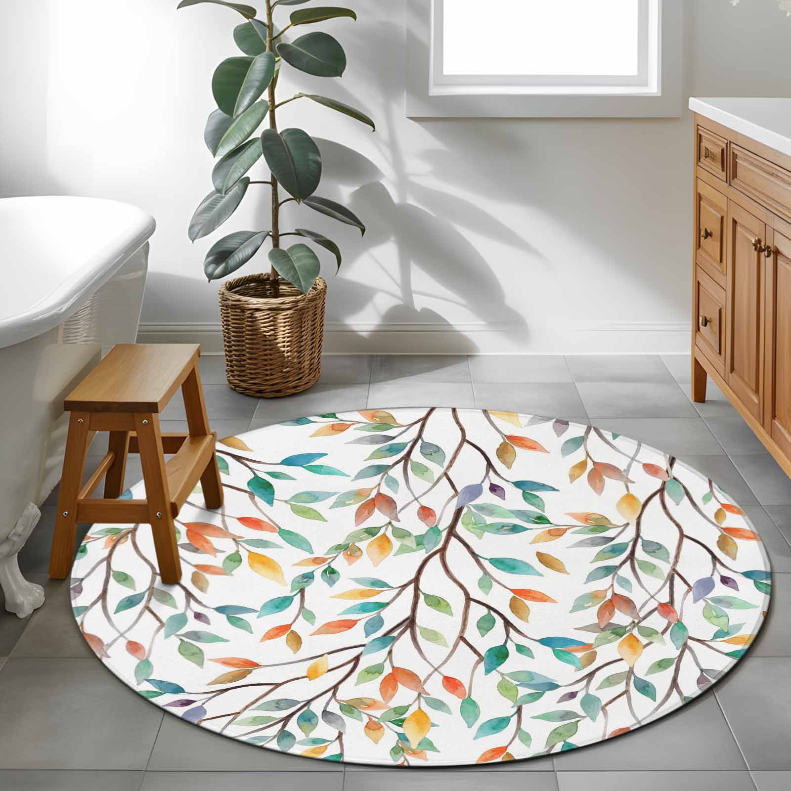Round Rug 3.3Ft Washable Non-Slip, Teal Orange Eucalyptus Circle Area Rugs for Living Room Bedroom, Weeping Botanical Leaves Indoor Floor Mats Carpet Runner for Home Decor Aesthetic