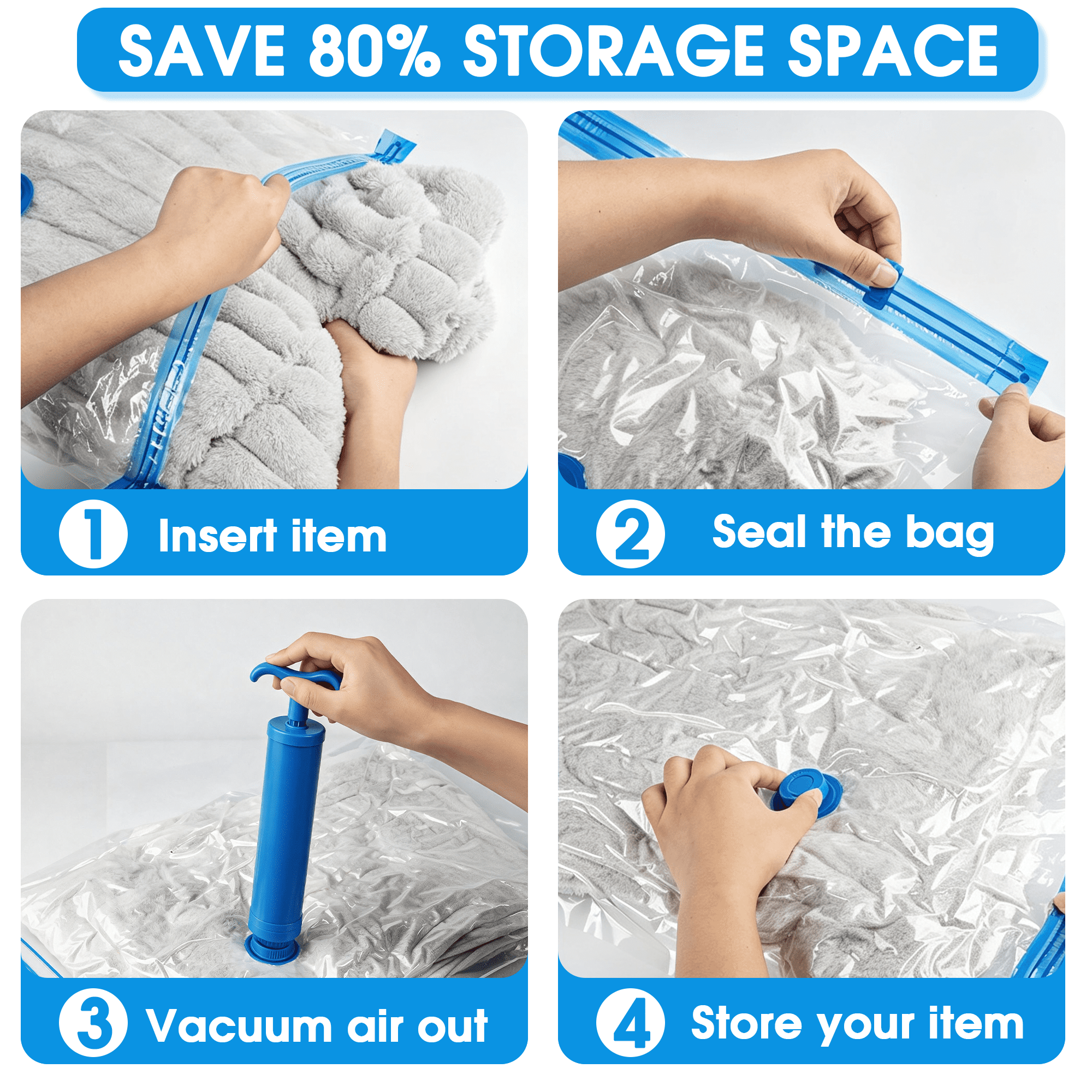 GARITIN Vacuum Storage Bags, 12 Pack Space Saver Bags for Clothes with Hand Pump, 4 Sizes Small Medium Large Jumbo for Clothing, Bedding, Pillows
