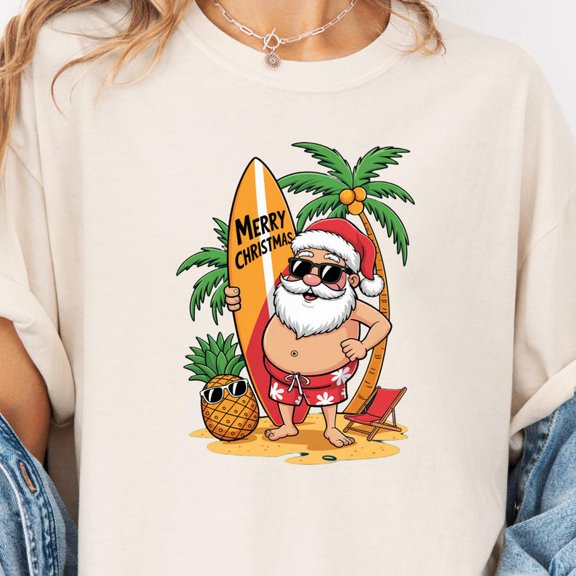 Christmas in July T-Shirt, Beach Santa Tee, Funny Holiday Shirt, Summer Christmas T-Shirt, Tropical Santa Claus Tee, Surfing Xmas Tee TH240630